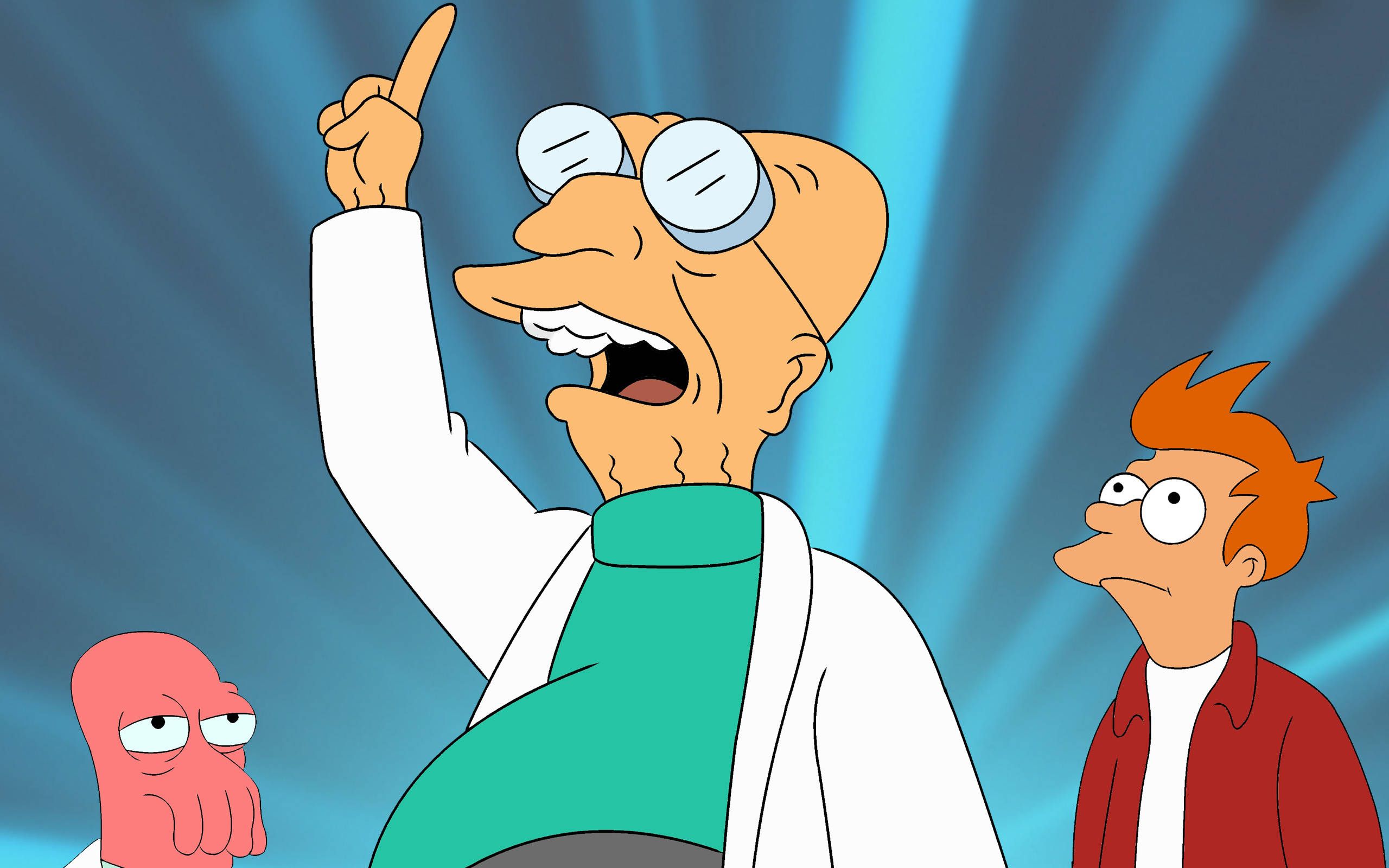Futurama 桌布 壁紙 — 法恩斯沃斯教授身穿白色實驗室外套，興奮地向上指，弗萊和一隻粉紅色章魚在藍色聚光燈背景下觀看。