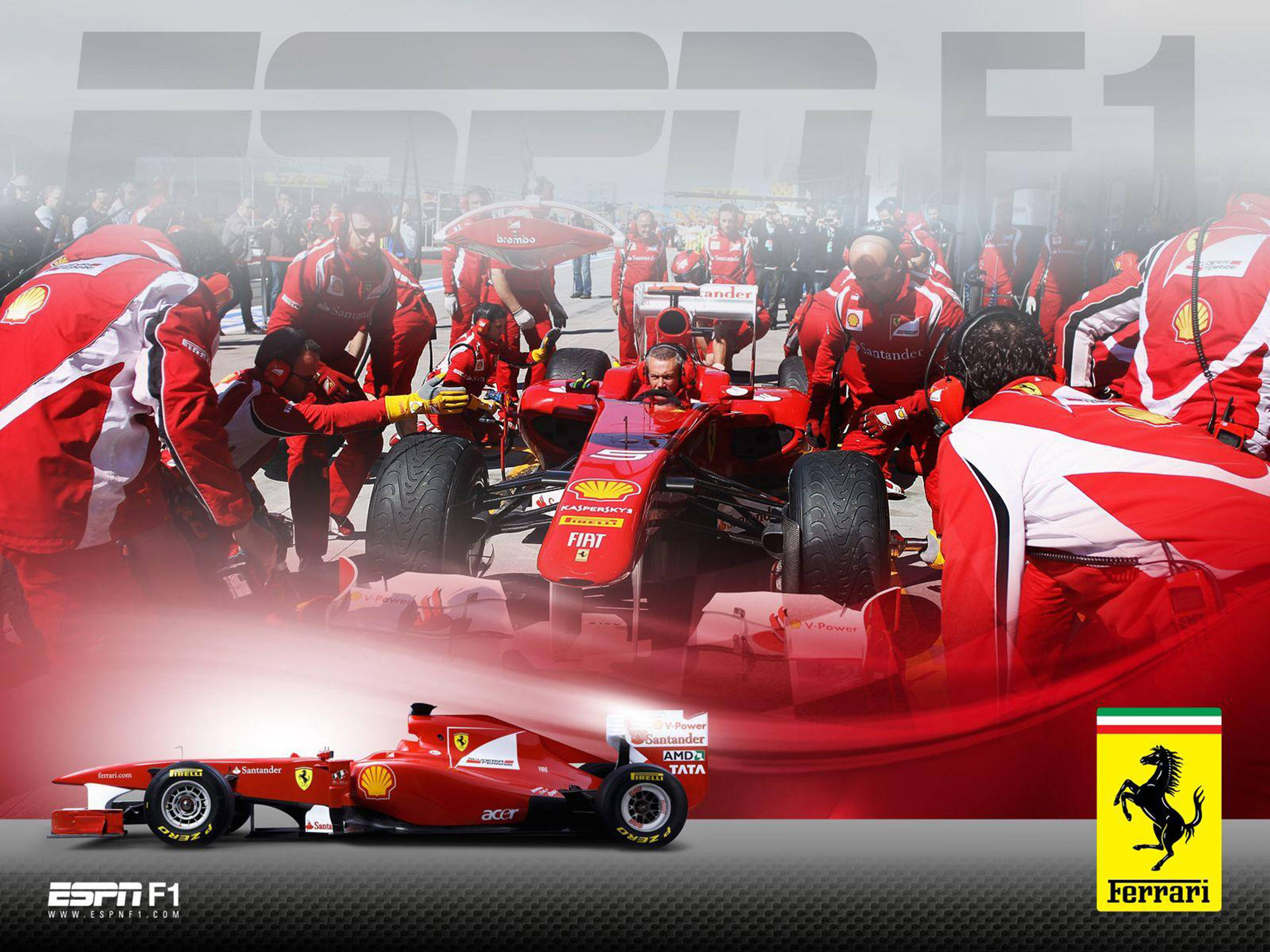 Espn 桌布 壁紙 — 法拉利F1車隊維修人員身穿紅色制服，在高速進站期間迅速更換賽車輪胎。