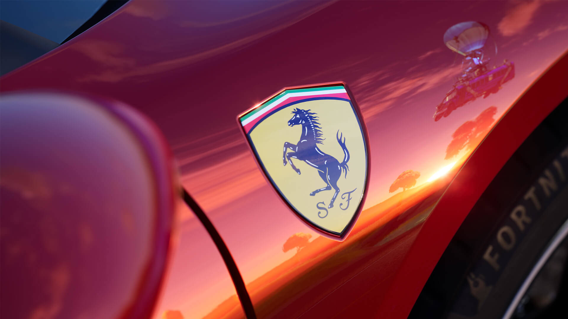 1920x1080 Ferrari 桌布 壁紙 — 法拉利標誌特寫，位於光澤紅色引擎蓋上，反射出充滿活力的日落天空。