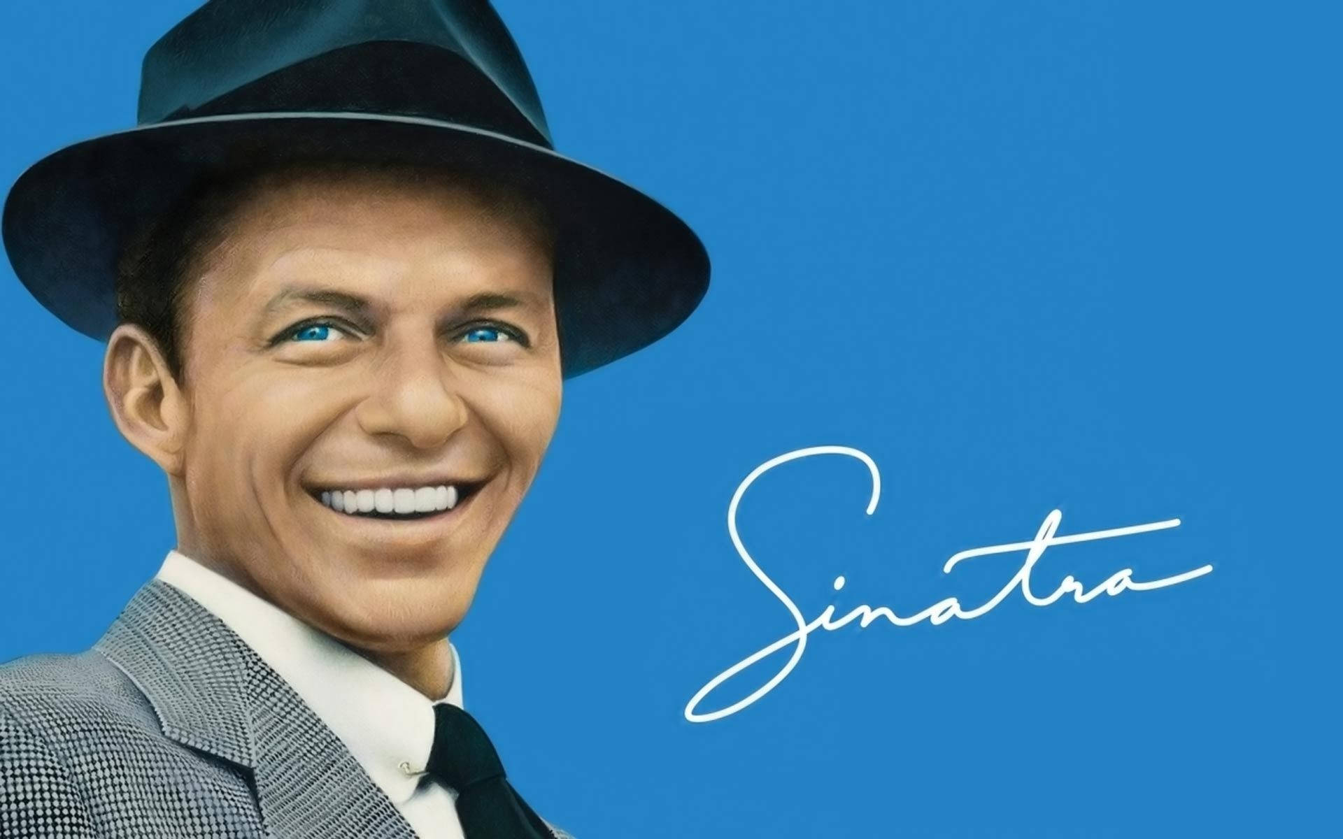 Sinatra 桌布 壁紙 — 法蘭克·辛納屈戴著軟呢帽、穿著西裝，在純藍色背景上帶著簽名的愉快肖像。