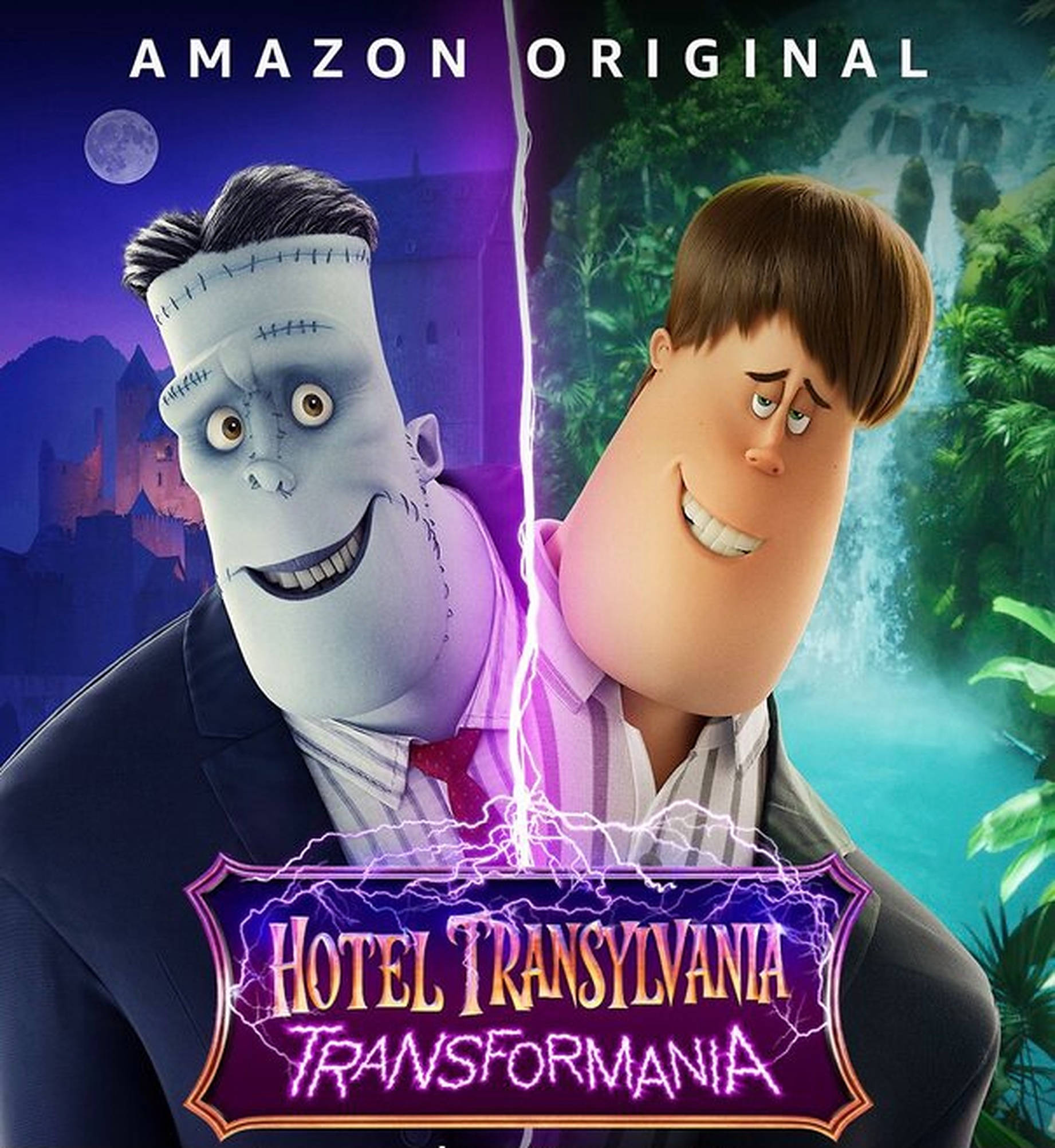 hotel transylvania transformania 桌布 壁紙 — 法蘭克斯坦的怪物和一個人類男子被閃電從中間劈開，出現在一張充滿活力的動畫電影海報中。
