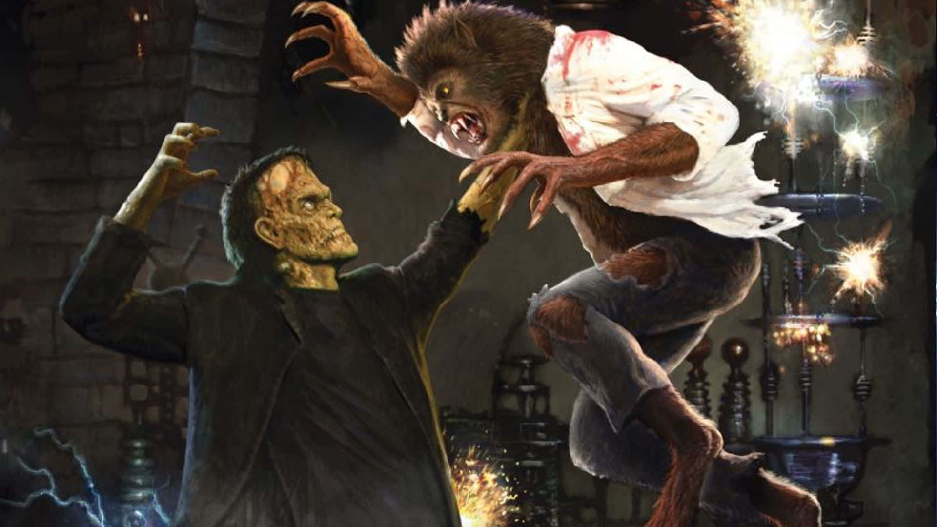 Frankenstein 桌布 壁紙 — 法蘭克斯坦的怪物在一個黑暗的哥德式實驗室中與狼人對峙，實驗室裡有火花四濺的電氣設備和閃爍的燈光。