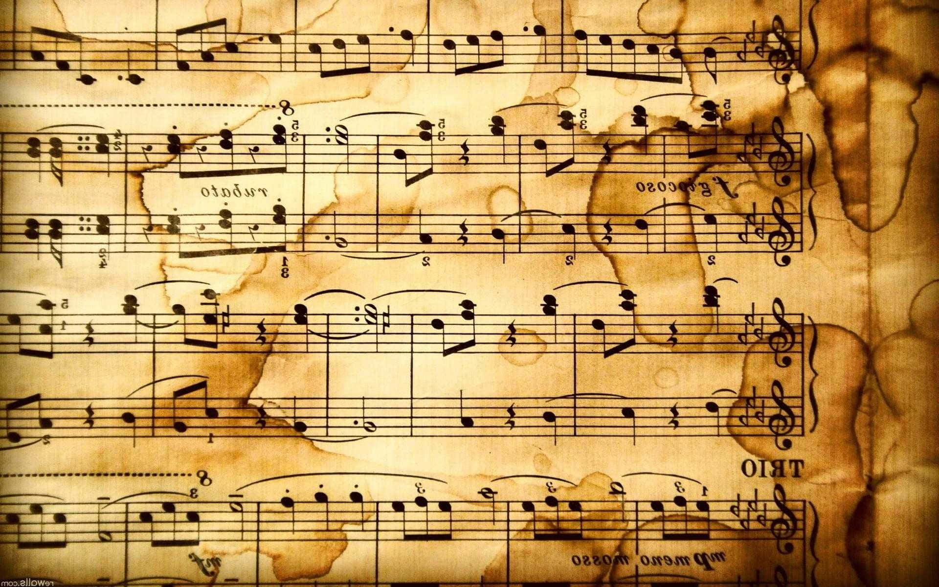 Classical Music 桌布 壁紙 — 泛黃羊皮紙上的復古樂譜，帶有褪色墨水和污漬。