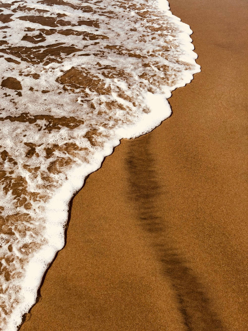 淺棕色美學動圖 桌布 壁紙 — 泡沫海浪在寧靜的海岸場景中，輕輕退過濕潤的金色沙灘。