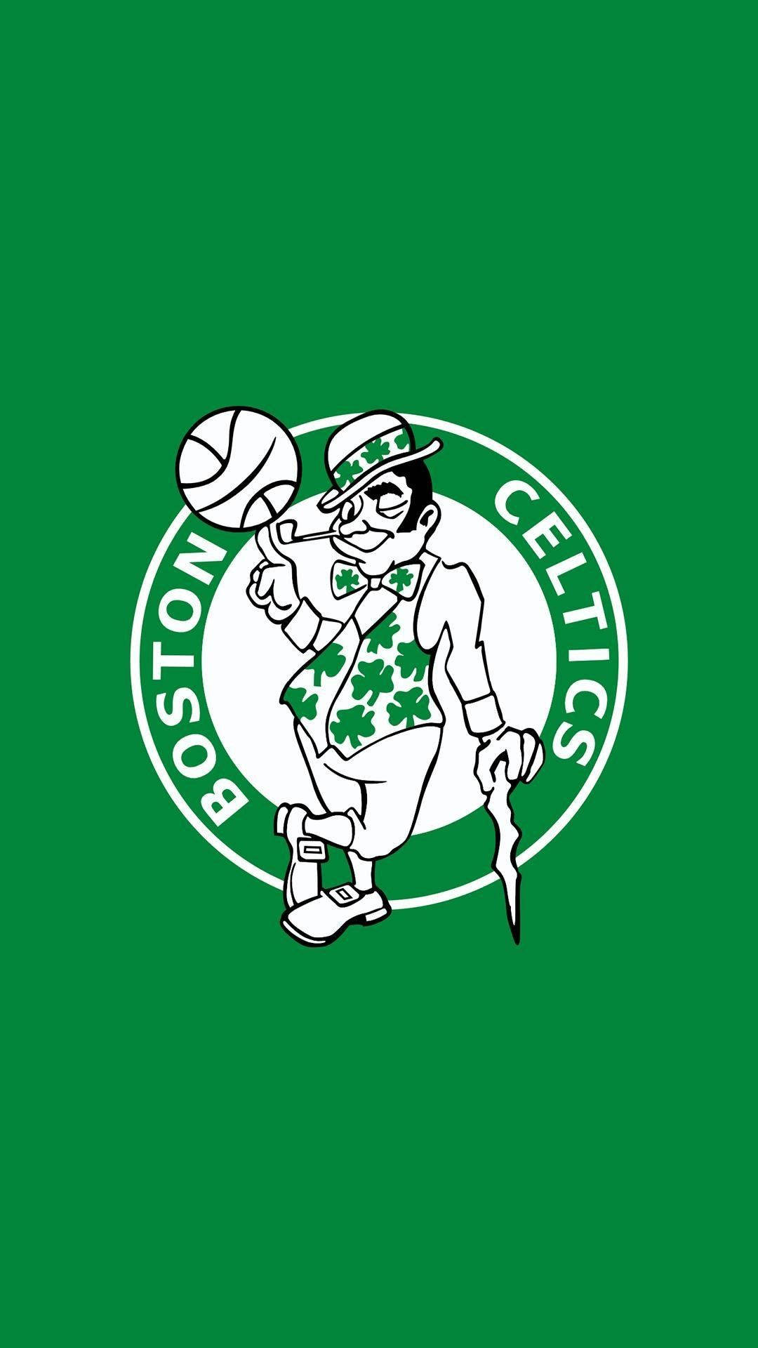 Celtics 桌布 壁紙 — 波士頓塞爾提克標誌，以一個小妖精在純綠色背景上拿著籃球為特色。