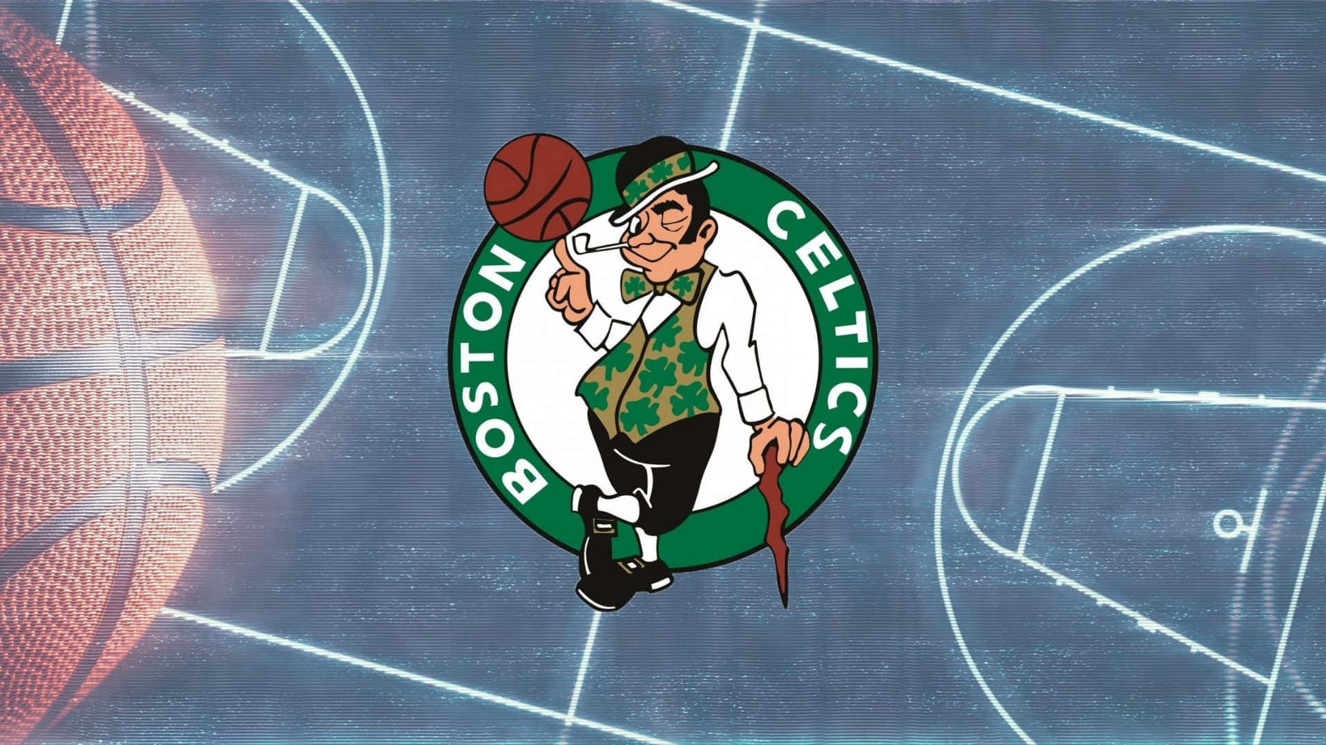 Celtics 桌布 壁紙 — 波士頓塞爾提克標誌，小妖精在發光球場線上手持籃球。