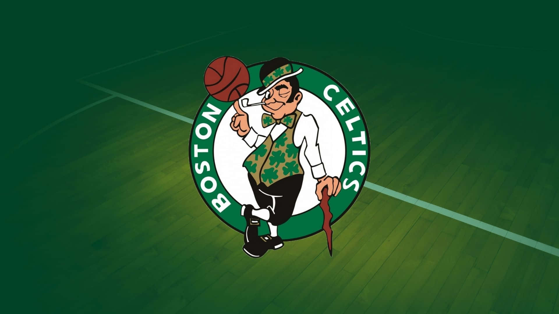 Celtics 桌布 壁紙 — 波士頓塞爾提克標誌吉祥物在綠色木地板上拿著籃球。