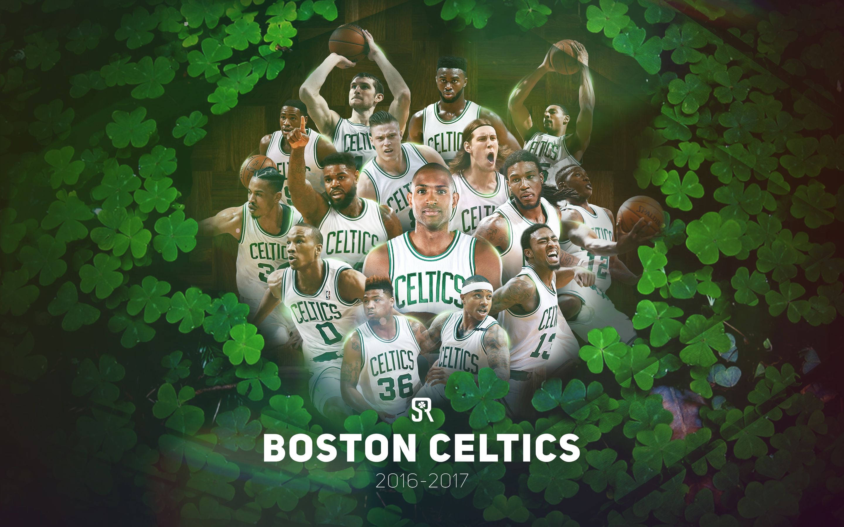 Celtics 桌布 壁紙 — 波士頓塞爾提克籃球球員在綠色三葉草主題桌布上，附有球隊標誌和賽季文字。