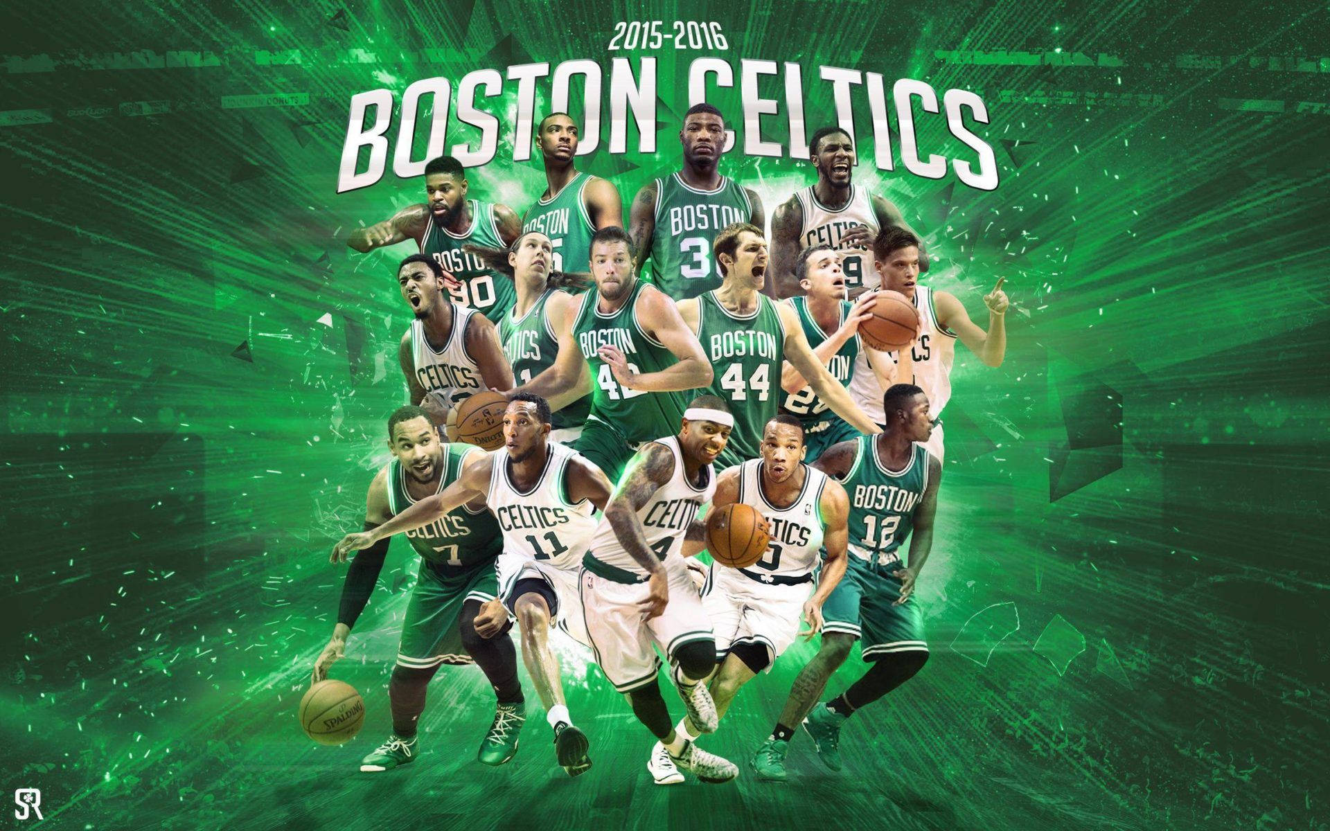 Celtics 桌布 壁紙 — 波士頓塞爾提克籃球球員身穿綠色和白色球衣，在充滿活力的綠色能量爆發背景下的動態拼貼畫。