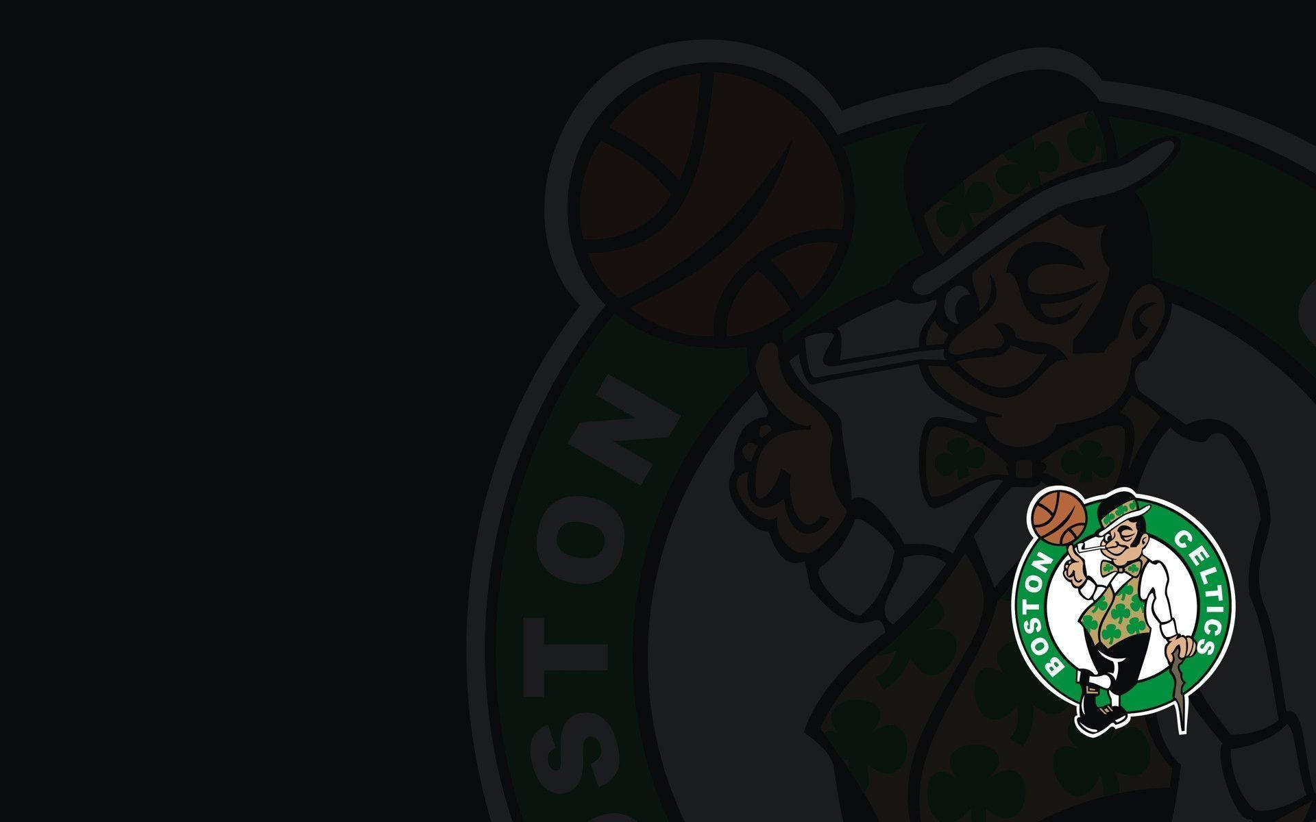 Celtics 桌布 壁紙 — 波士頓塞爾提克隊標誌，小妖精在深色背景上拿著籃球。