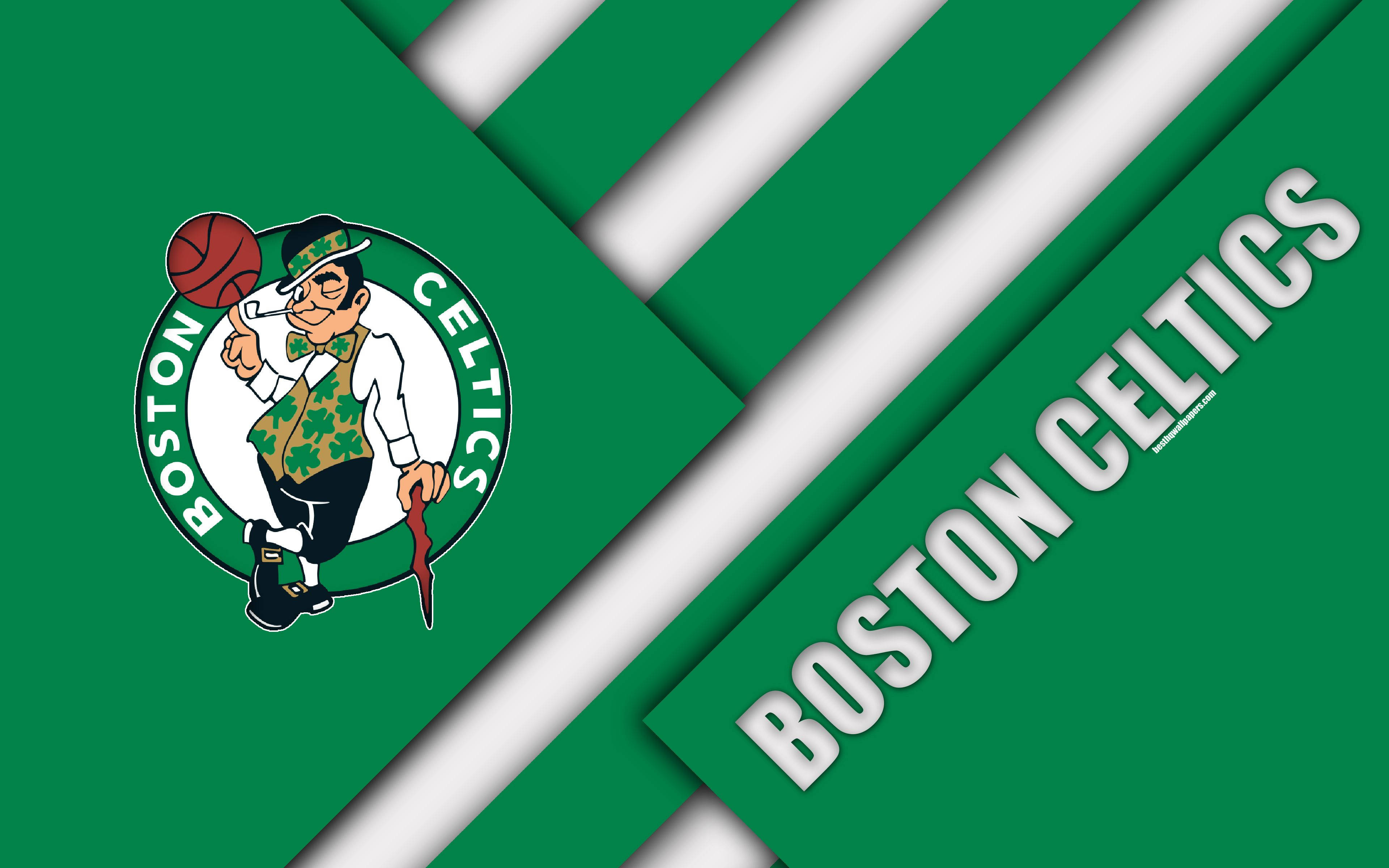 Celtics 桌布 壁紙 — 波士頓塞爾提克隊標誌，綠色和白色對角條紋背景上有小妖精吉祥物。