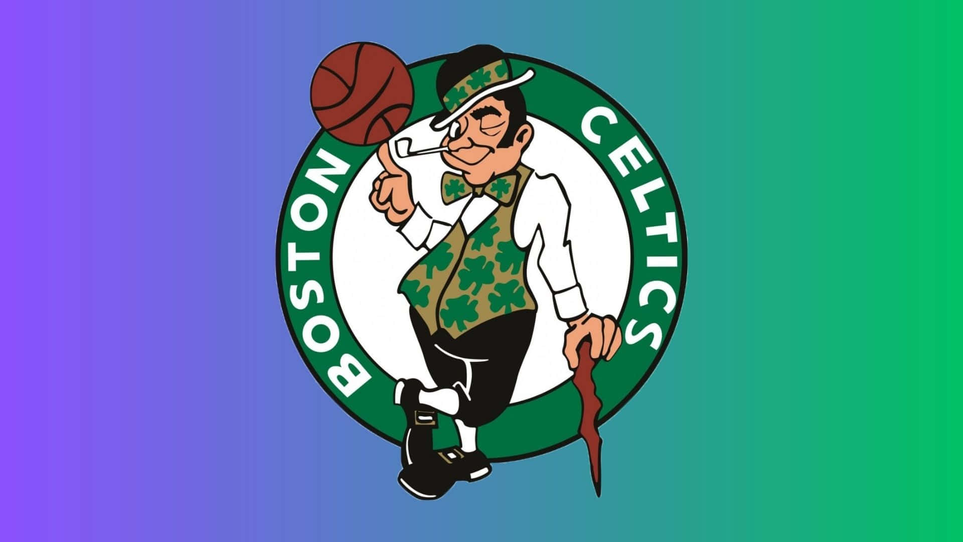 Celtics 桌布 壁紙 — 波士頓塞爾提克隊標誌吉祥物穿著綠色三葉草背心，手持籃球和煙斗，背景為紫色到綠色漸變。