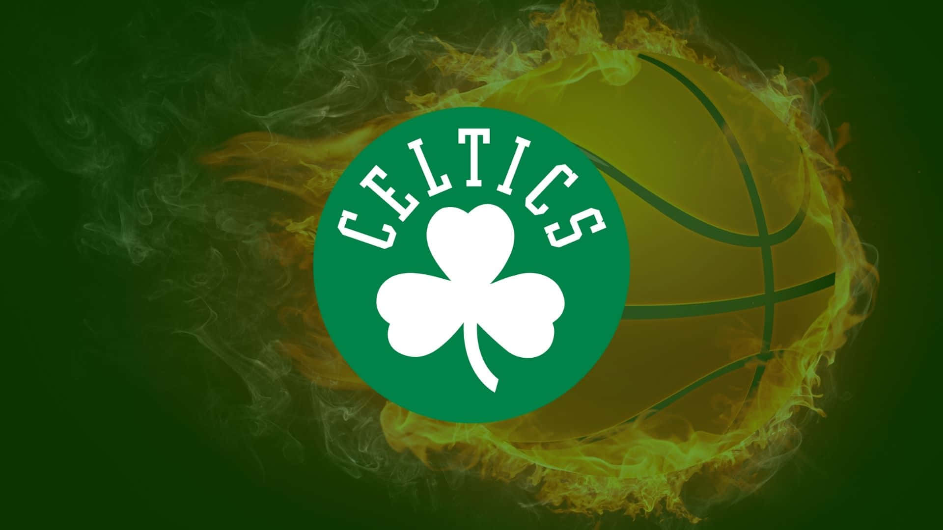 Celtics 桌布 壁紙 — 波士頓塞爾提克隊標誌在深綠色煙霧背景上散發出火熱的橙色火焰。