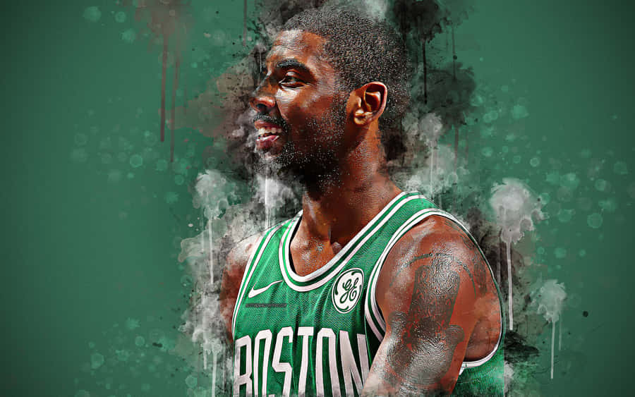 Kyrie Irving Cool 桌布 壁紙 — 波士頓塞爾提克隊球衣的籃球運動員凱里·厄文的動態數位肖像，背景為帶有紋理的綠色及潑濺效果。