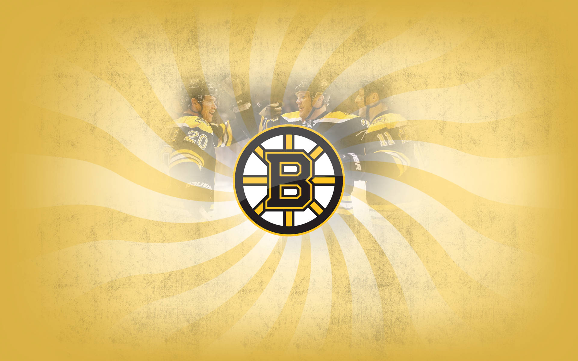 bruins 桌布 壁紙 — 波士頓棕熊隊冰球球員身穿黃黑球衣，從中央隊徽向外放射，背景為金色陽光四射。