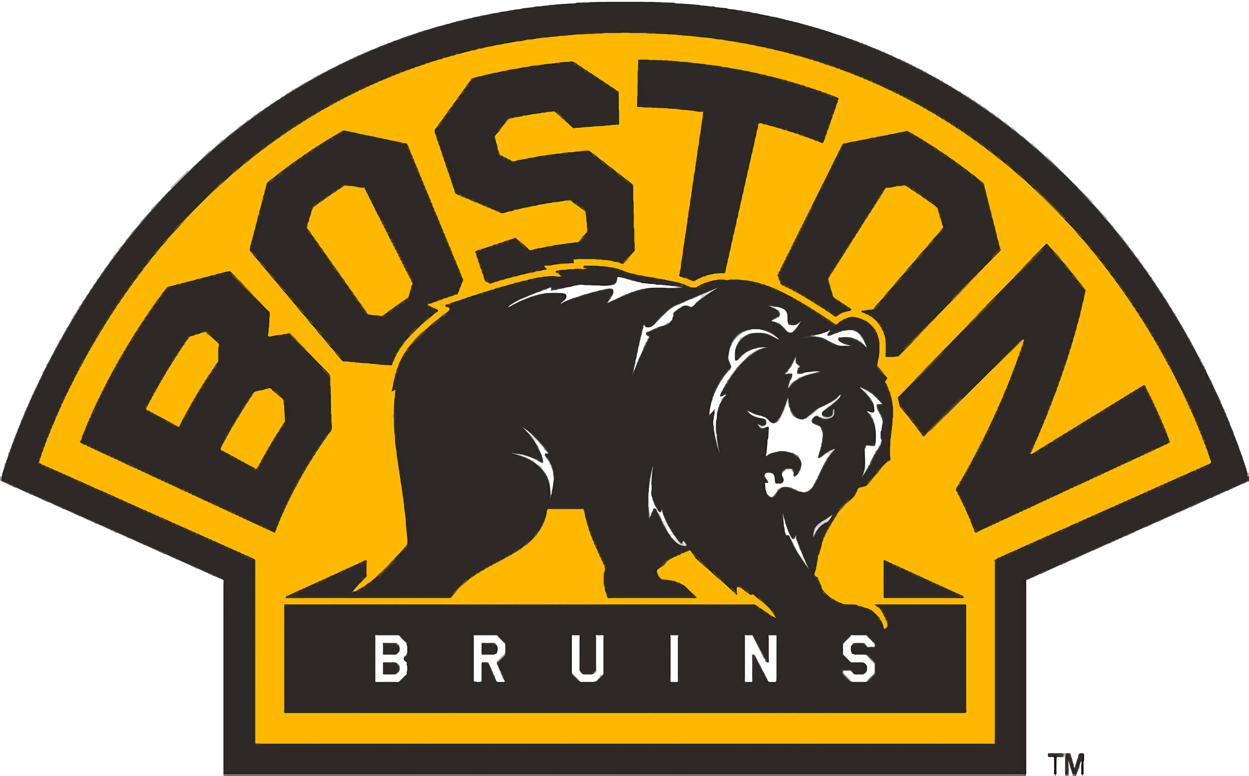bruins 桌布 壁紙 — 波士頓棕熊隊大膽的黑色熊吉祥物標誌，帶有黃色拱門和白色背景上的黑色文字。