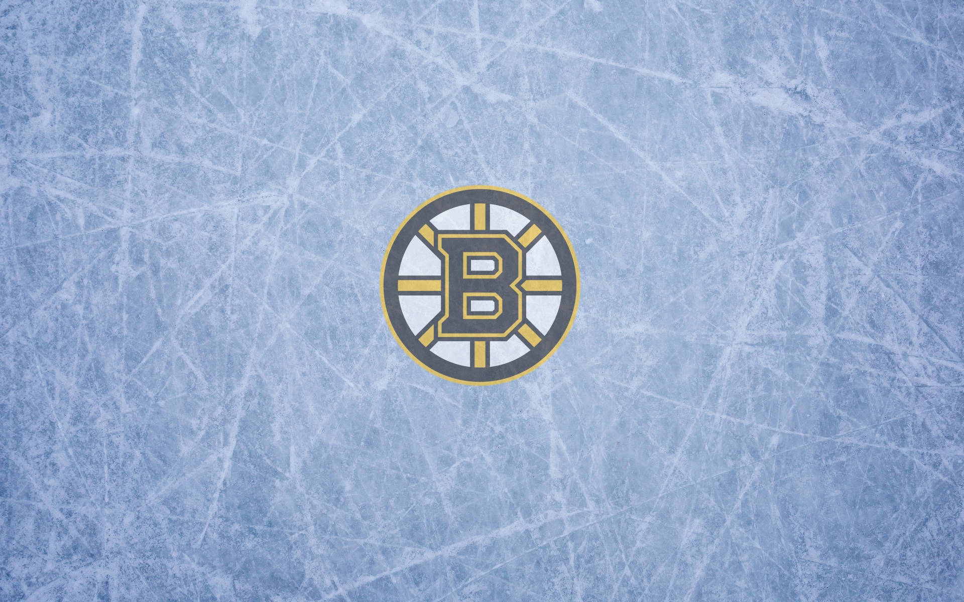 bruins 桌布 壁紙 — 波士頓棕熊隊標誌居中於有刮痕的冰面場地上，採用藍白配色。