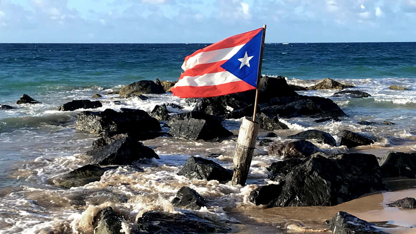 Puerto Rican 桌布 壁紙 — 波多黎各國旗在風化的旗桿上自豪地飄揚，周圍是洶湧的海浪和深色的火山岩。