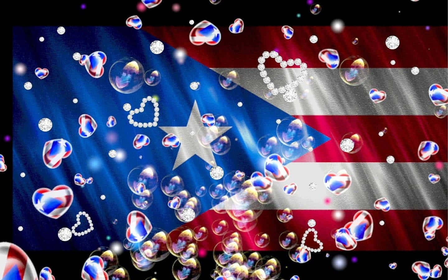 Puerto Rican 桌布 壁紙 — 波多黎各國旗在鮮豔的紅、藍、白色漂浮心形氣泡和鑽石心後飄揚。