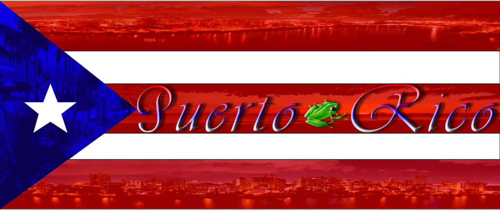 Puerto Rican 桌布 壁紙 — 波多黎各國旗疊加在紅色調的城市景觀上，名字波多黎各之間有一隻綠色青蛙。