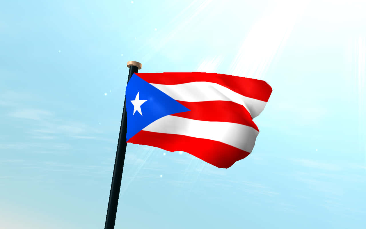 Puerto Rican 桌布 壁紙 — 波多黎各旗幟在明亮的藍天下自豪地飄揚，陽光穿透雲層照耀。