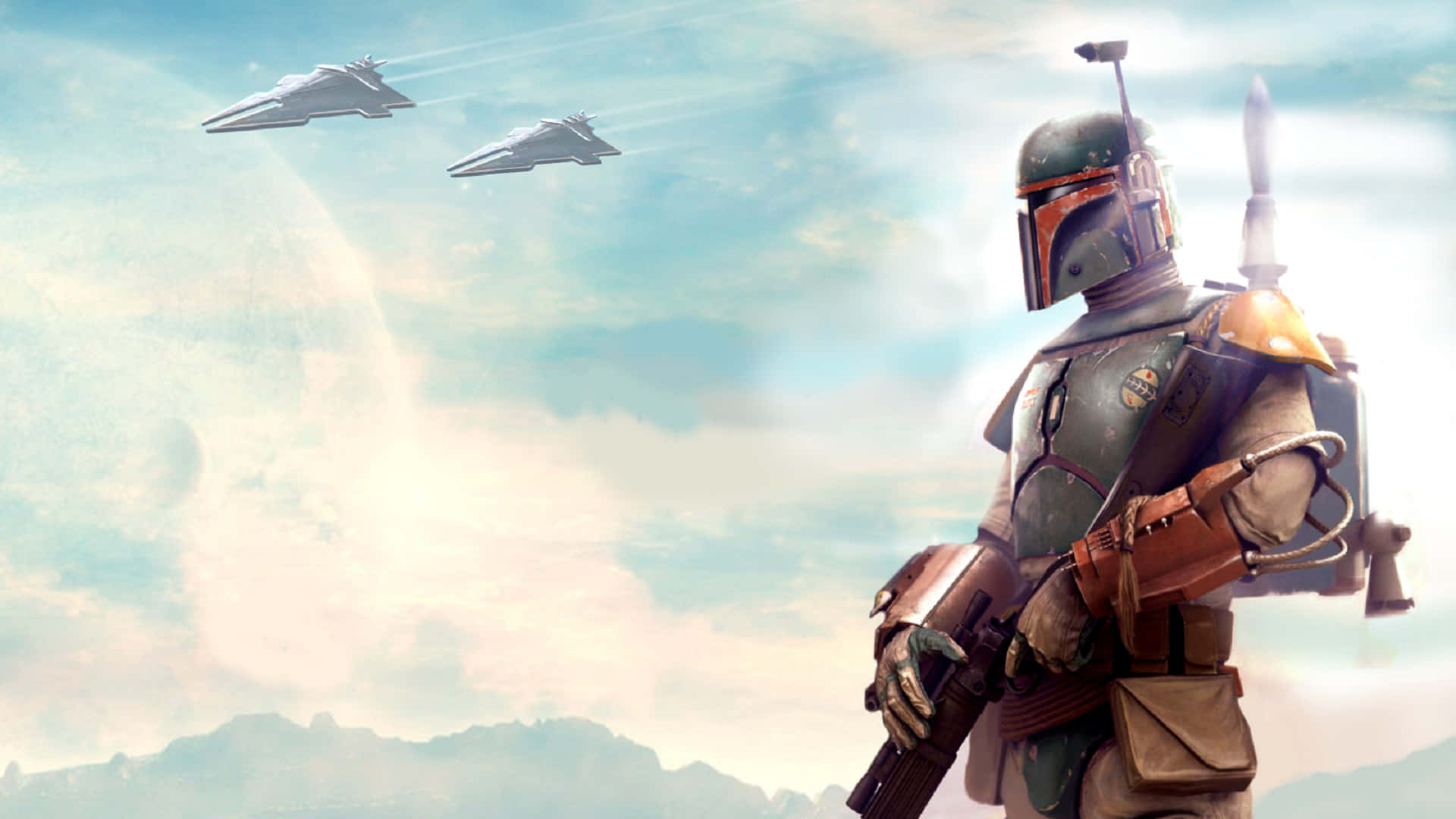 The War Of The Bounty Hunters 桌布 壁紙 — 波巴·費特側身站在多雲的天空背景下，兩架星際戰鬥機在頭頂附近的一顆行星旁飛過。