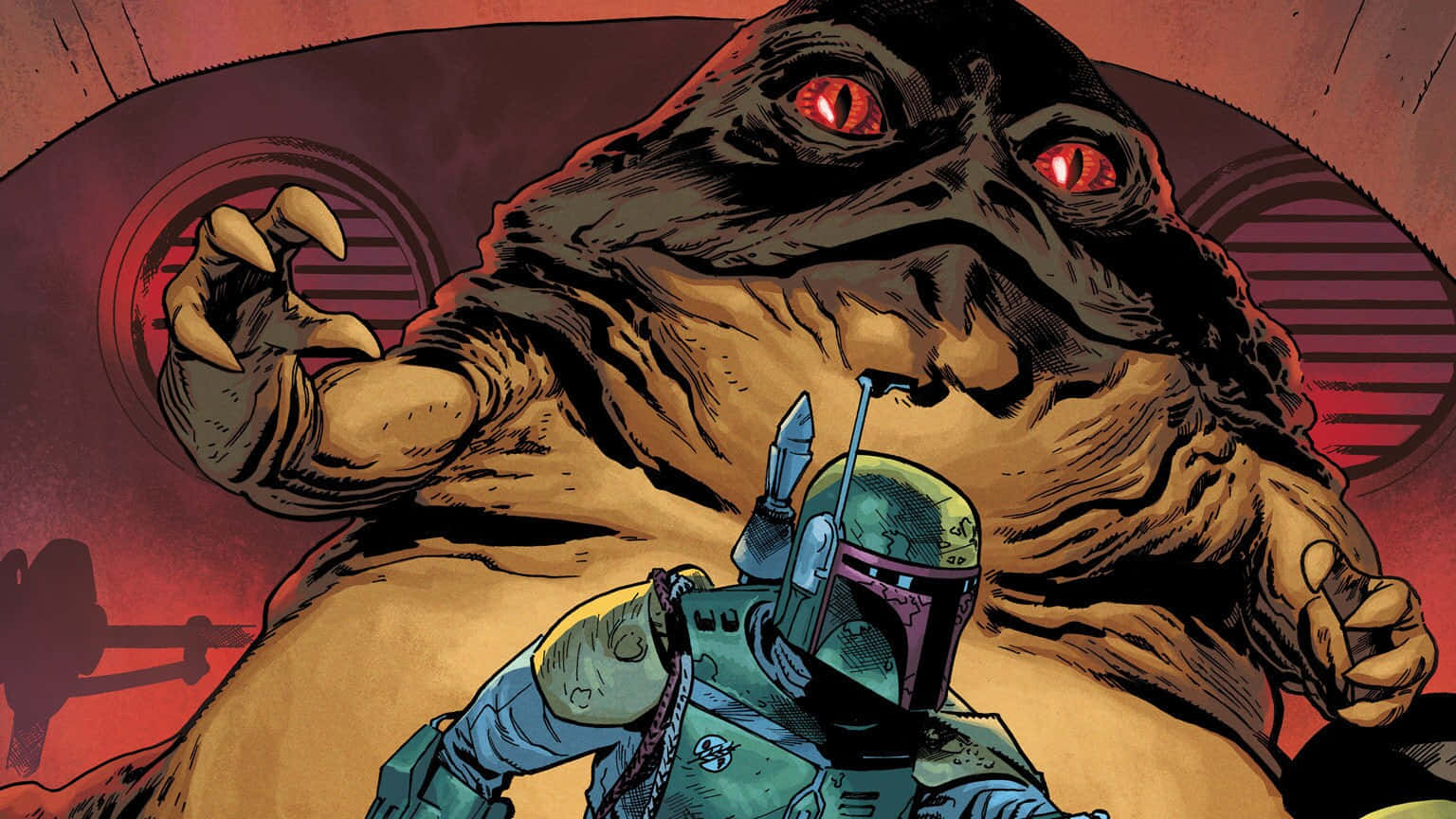 The War Of The Bounty Hunters 桌布 壁紙 — 波巴·費特在昏暗陰森的房間中，挑釁地站在咄咄逼人、紅眼的賈巴·赫特面前。