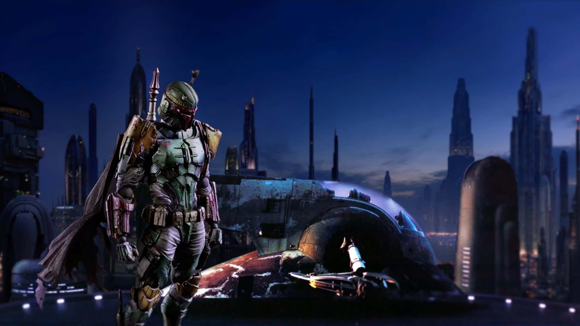 The War Of The Bounty Hunters 桌布 壁紙 — 波巴·費特站在一輛被毀的飛行摩托車上，背景是深藍色暮色天空下高聳的未來城市景觀。