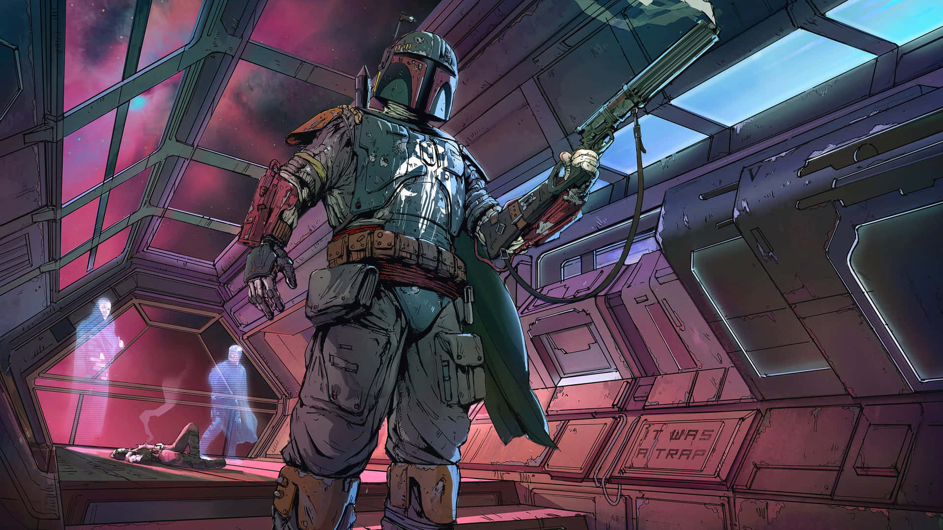 Bounty Hunters 桌布 壁紙 — 波巴·費特站在太空船駕駛艙中，手持爆能槍，窗外可見紅色星雲。