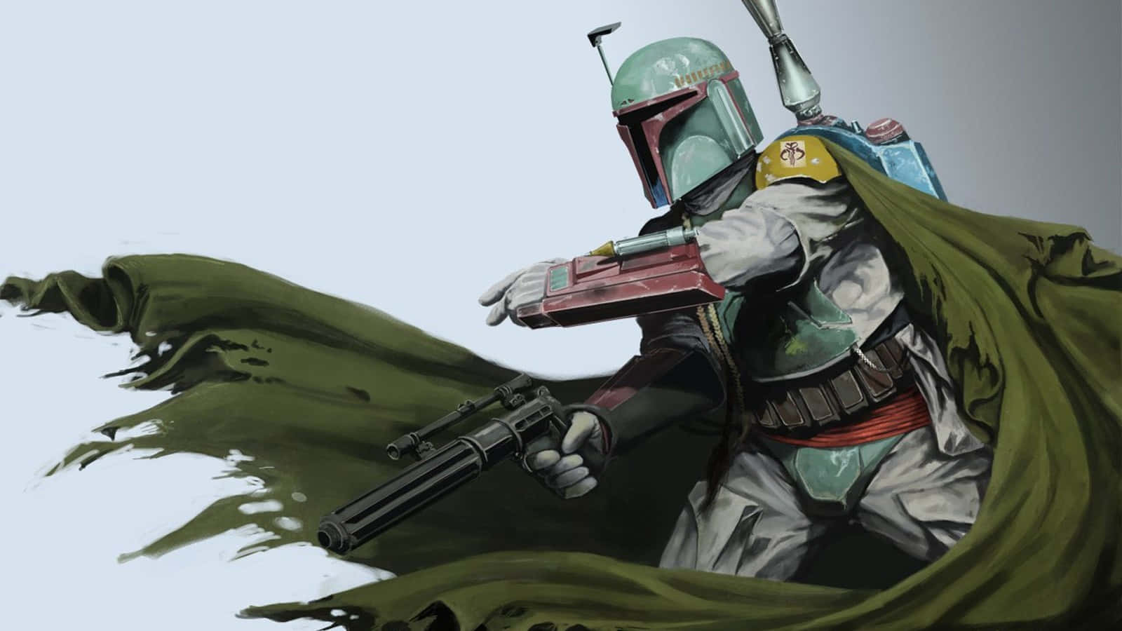 Jango Fett 桌布 壁紙 — 波巴·費特身穿全套盔甲，手持爆能槍瞄準，綠色斗篷飄揚，背景簡潔。