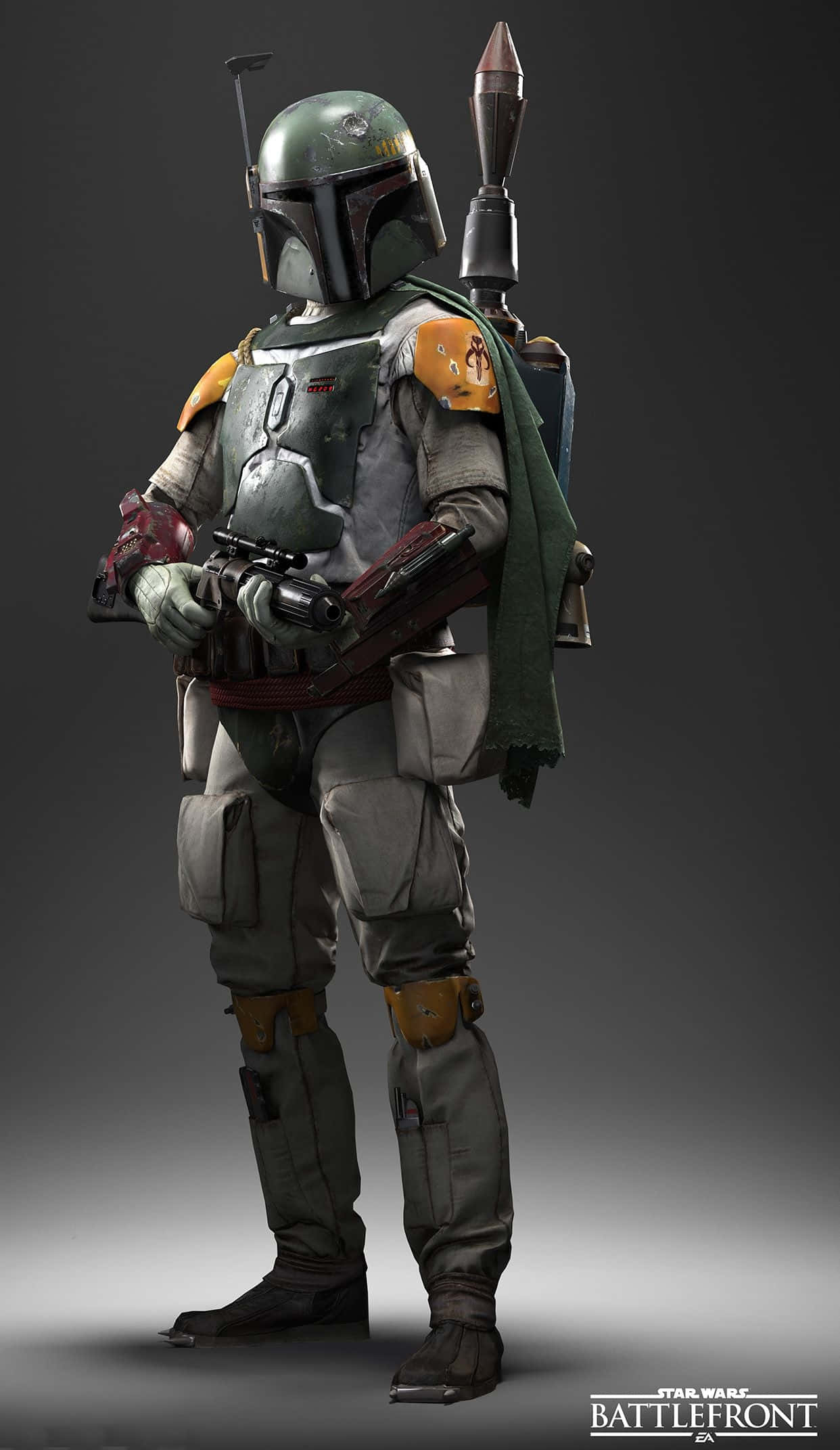 character design 桌布 壁紙 — 波巴·費特身穿全套盔甲，手持爆能槍，肩上披著綠色斗篷，背景為深色漸變。