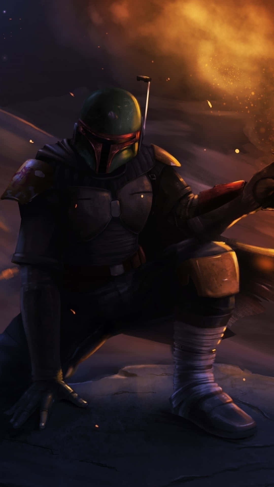 Jango Fett 桌布 壁紙 — 波巴·費特身穿全套盔甲跪在岩石地形上，身後熾熱的爆炸照亮了黑暗的天空。