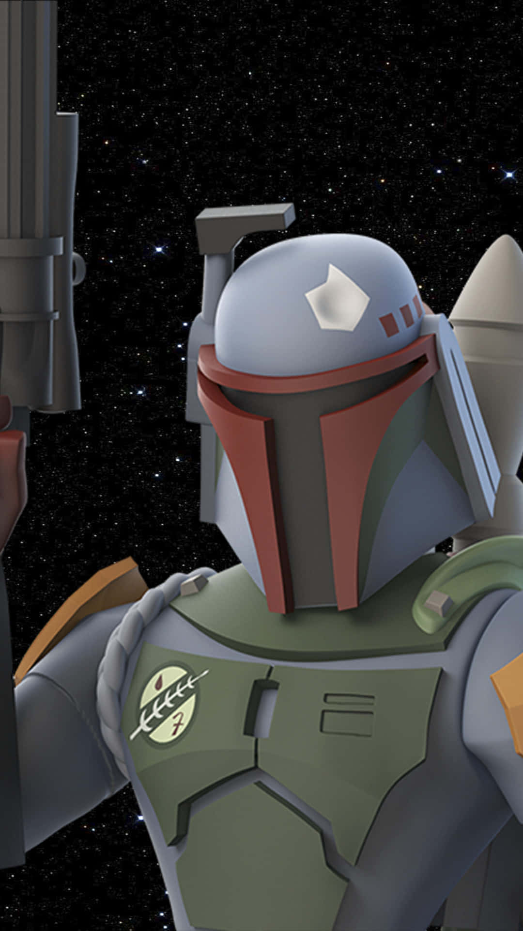 Jango Fett 桌布 壁紙 — 波巴·費特身穿標誌性盔甲，以繁星點點的太空為背景的特寫。
