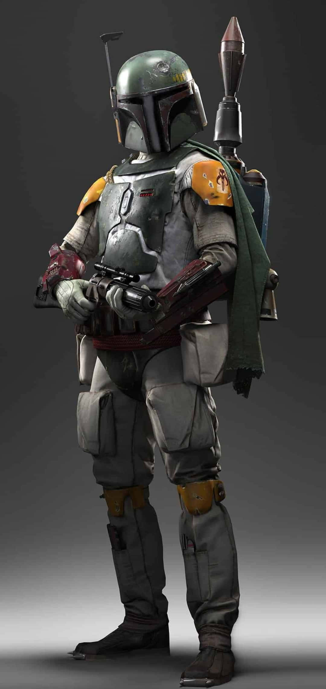 Bounty Hunters 桌布 壁紙 — 波巴·費特身穿標誌性盔甲，手持爆能槍，披著綠色斗篷，以深色漸變背景為襯的全身照。