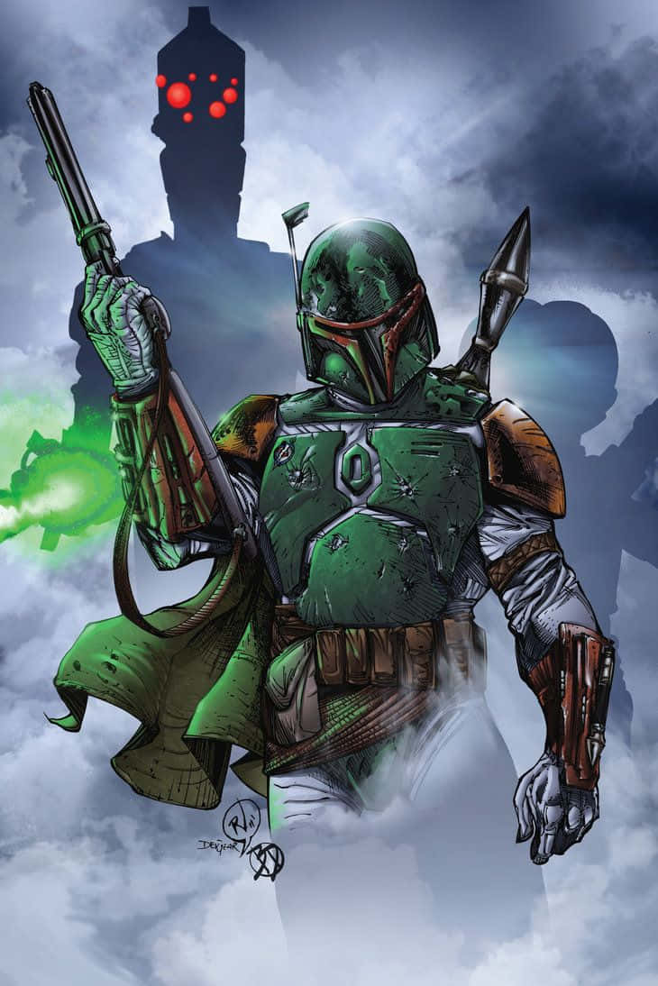 Bounty Hunters 桌布 壁紙 — 波巴·費特身穿綠色盔甲，在暴風雨的天空下挑釁地站立，背景有發光的紅色眼睛。