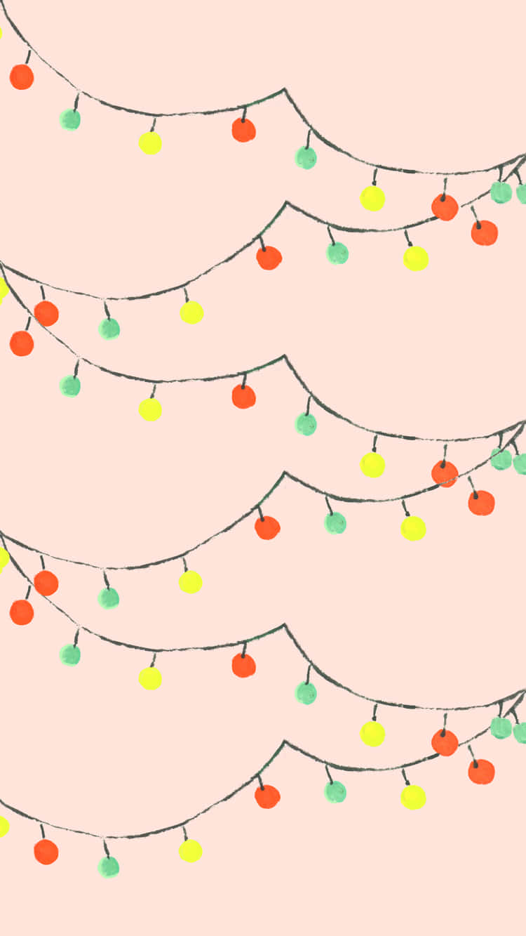 Cute Simple Christmas 桌布 壁紙 — 波浪形的彩色圓形燈泡串，有紅色、黃色和綠色，懸掛在柔和的粉紅色背景上。