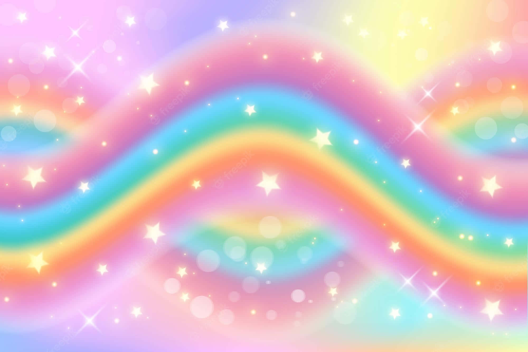 Magical Unicorn 桌布 壁紙 — 波浪形粉彩彩虹弧線在夢幻漸變的天空中閃爍著星星和柔和散景燈光。