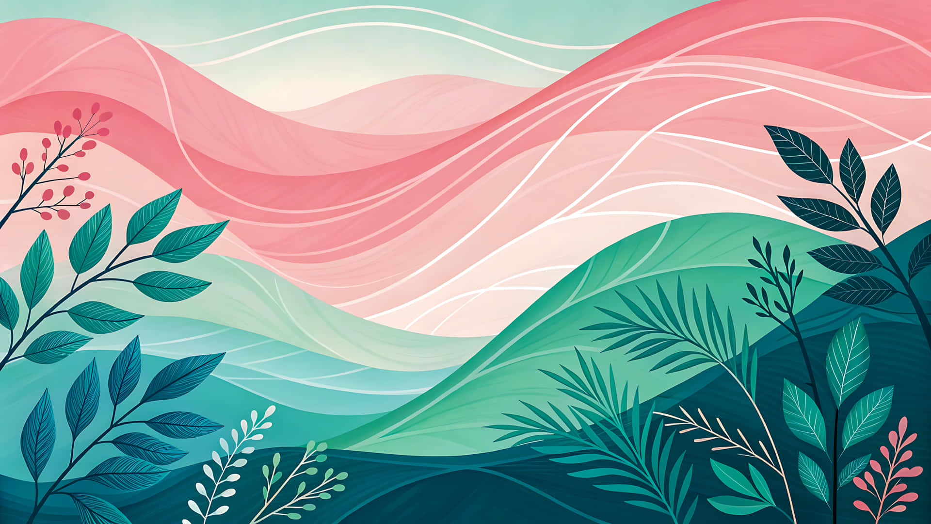 Abstract landscape illustration with pink and green hills and stylized foliage 壁紙 — 波浪形粉紅和青綠色層次在風格化的綠色葉子、粉紅漿果和白色小枝後流動。