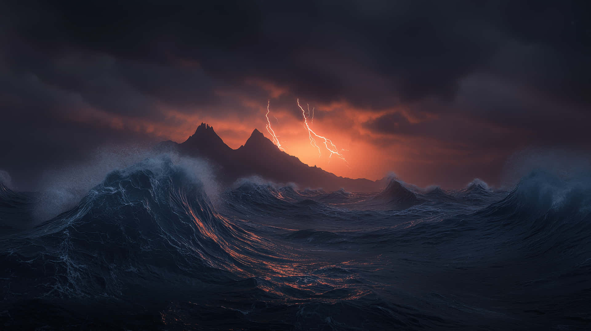 A dramatic ocean storm with massive waves crashing under a dark sky 壁紙 — 波濤洶湧的大海，巨浪滔天，在黑暗的天空下翻騰，天空被近處崎嶇山峰上 vivid 的橙色閃電照亮。