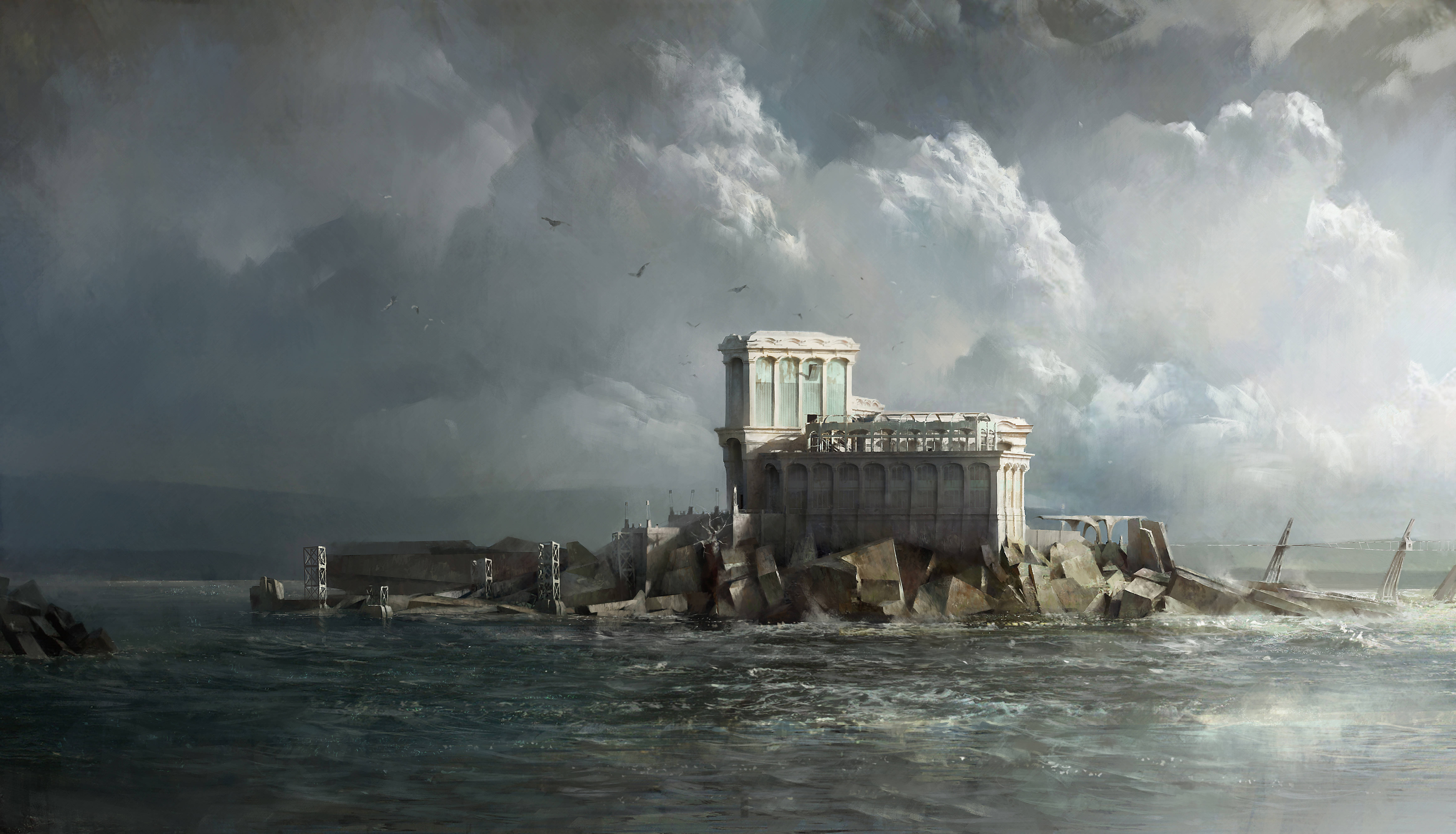 Dishonored 2 桌布 壁紙 — 波濤洶湧的大海吞噬了坐落在岩石小島上的古典神廟遺址，天空陰沉。
