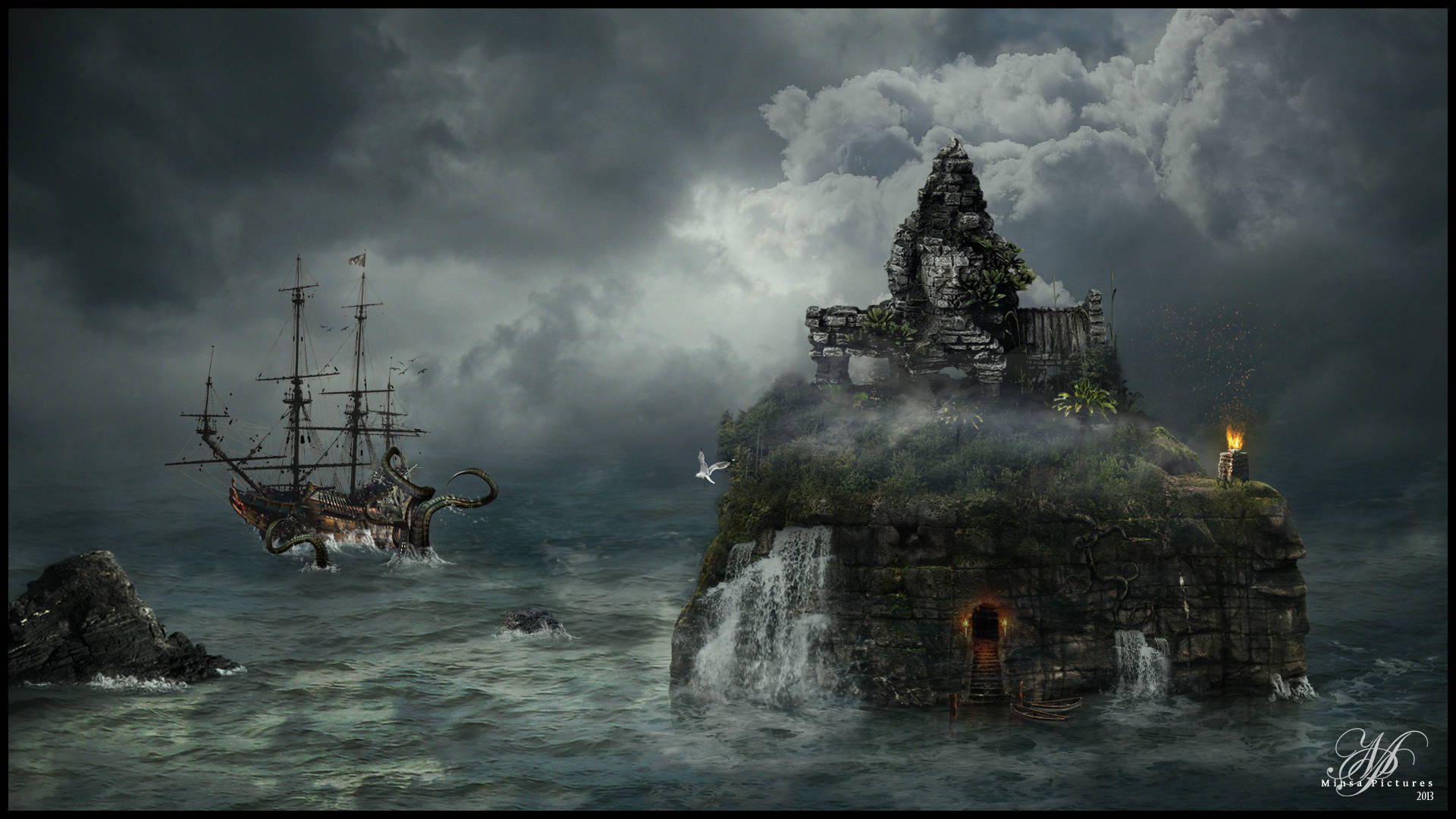 Ghost Ship 桌布 壁紙 — 波濤洶湧的大海環繞著一座搖搖欲墜的石島堡壘，堡壘有一個發光的門口，還有一艘帶有觸手的幽靈船正在攻擊附近的岩石。
