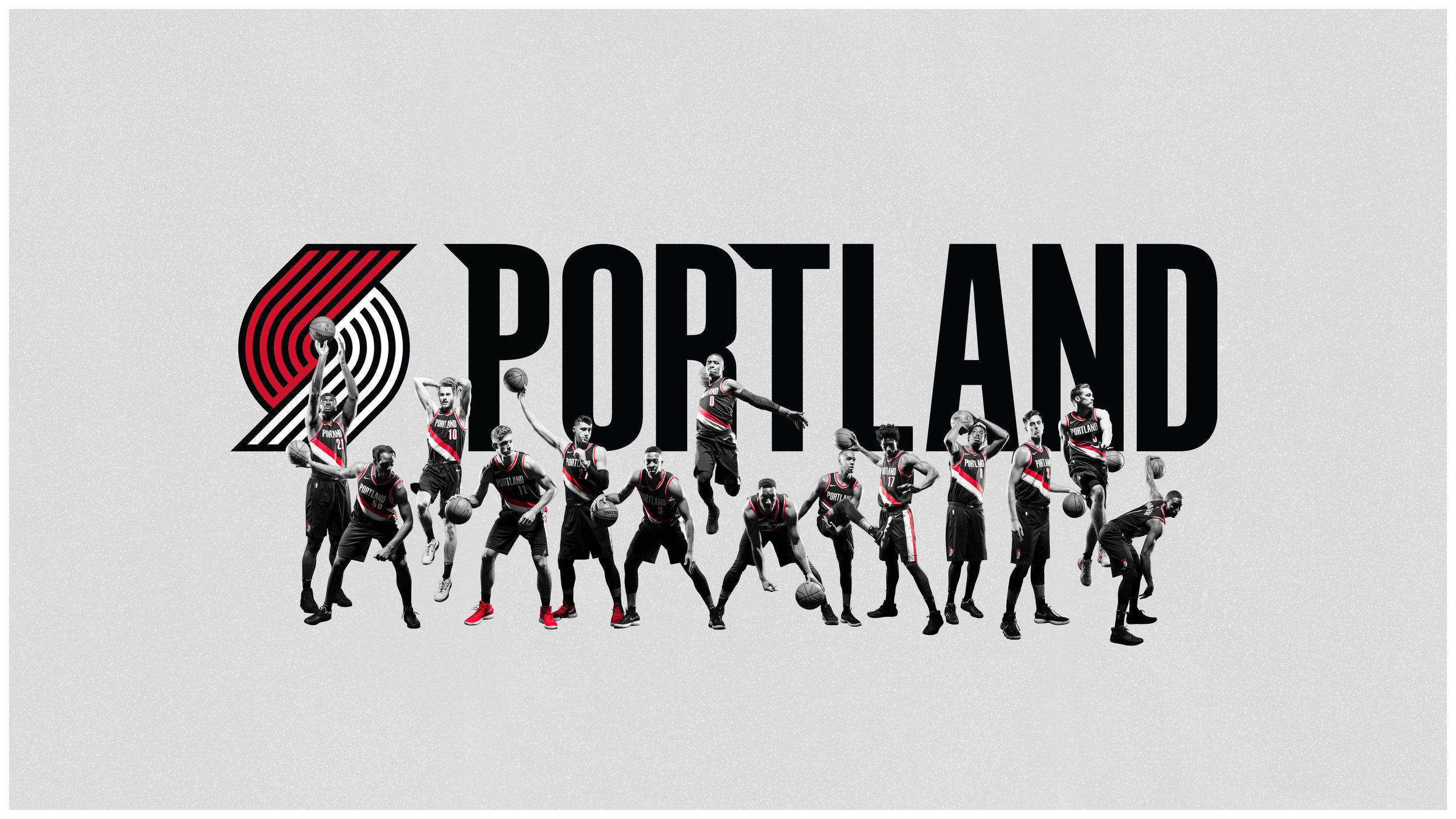 Trail 桌布 壁紙 — 波特蘭拓荒者籃球運動員以動作姿勢組成「Portland」一詞，背景為簡約灰色。
