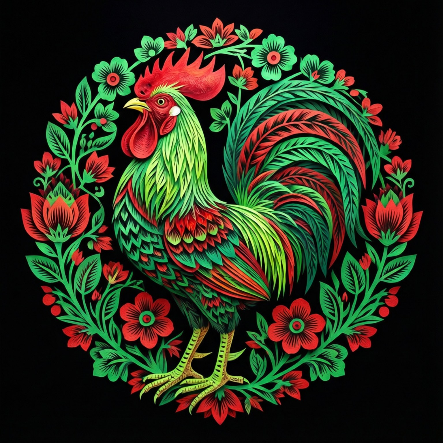 波蘭Wycinanki公雞剪紙 壁紙 — 一隻色彩鮮豔的公雞，擁有紅色和綠色的羽毛，驕傲地站在一個由紅花和綠葉組成的圓形花環內，背景為黑色。