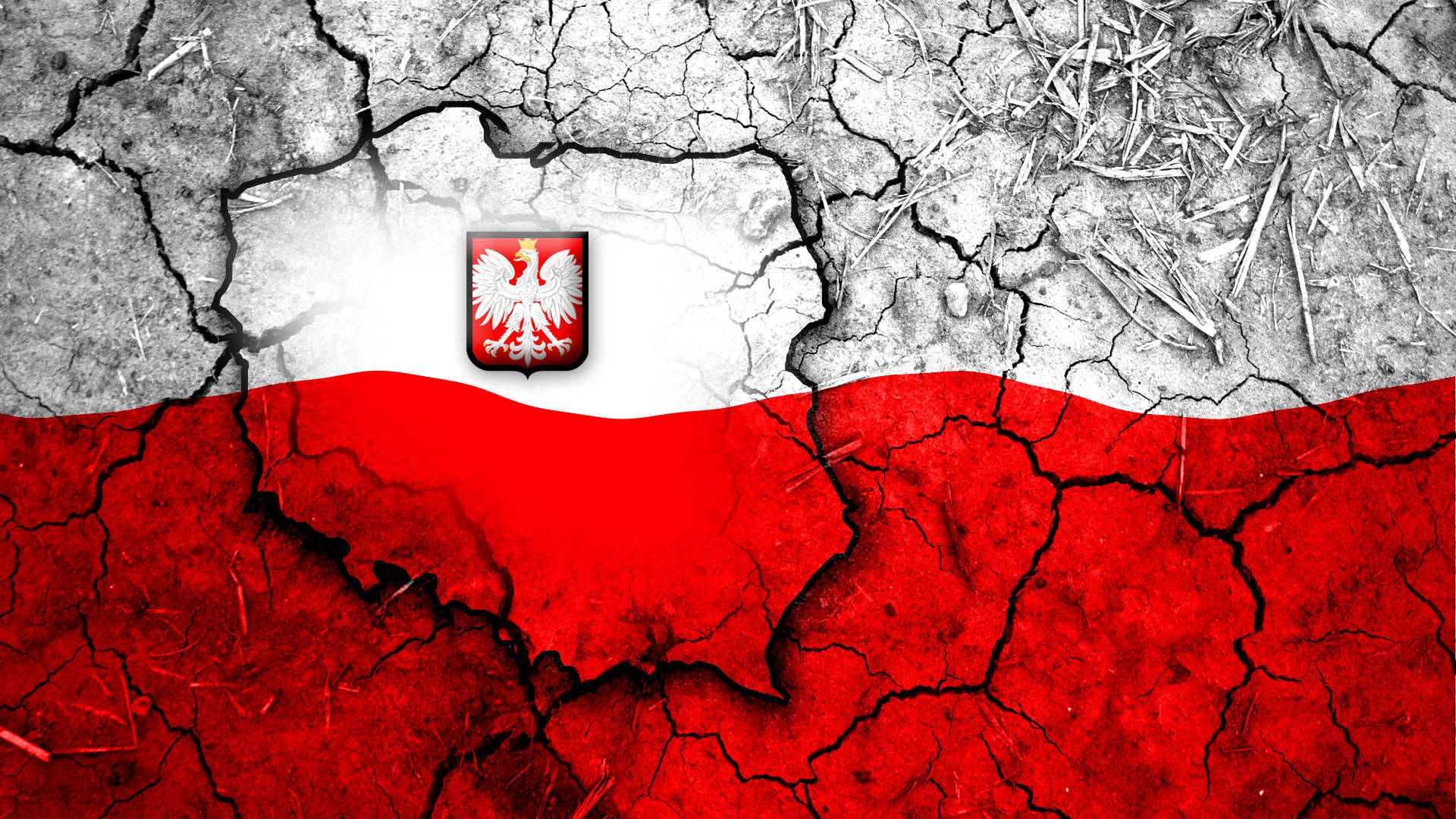 Poland Flag 桌布 壁紙 — 波蘭國旗從龜裂的土地中浮現，白色和紅色的條紋以及鷹徽位於風化地形的中央。