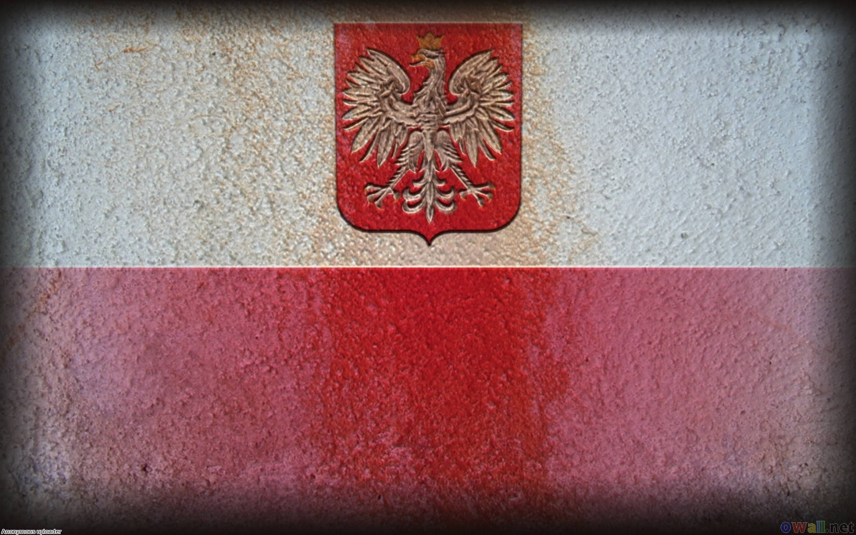 Poland Flag 桌布 壁紙 — 波蘭國旗繪在風化的混凝土牆上，帶有凸起的金色鷹徽。