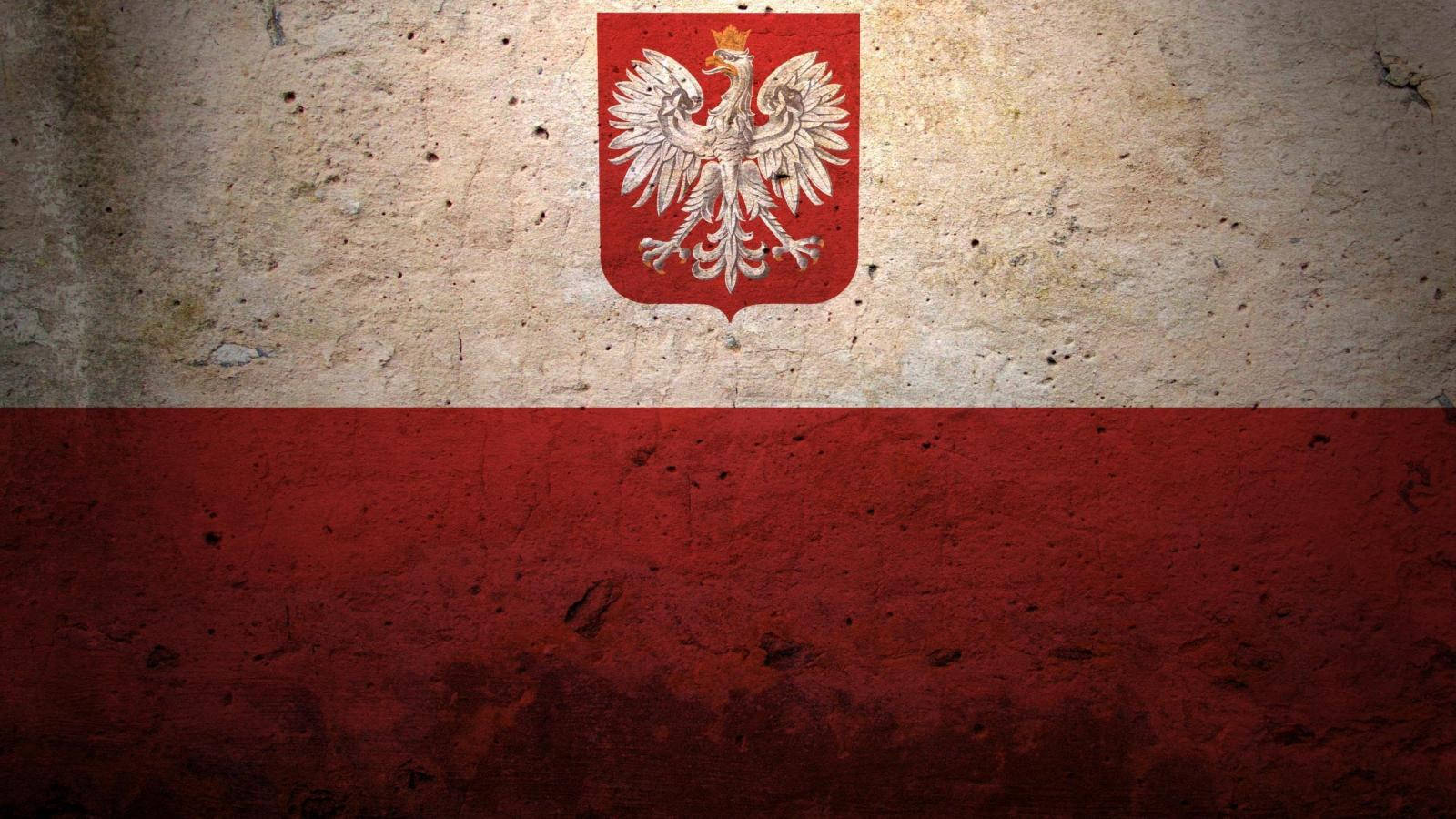 Poland Flag 桌布 壁紙 — 波蘭國旗繪在風化的混凝土牆上，表面粗糙有質感。