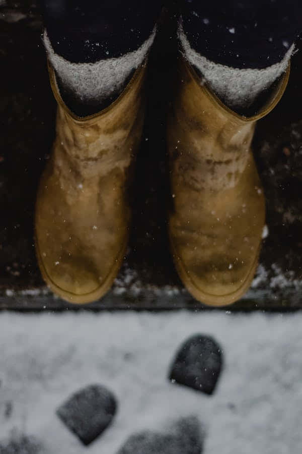 Snowshoes 桌布 壁紙 — 泥濘的棕色靴子特寫，站立在雪地上，周圍飄落著雪花。
