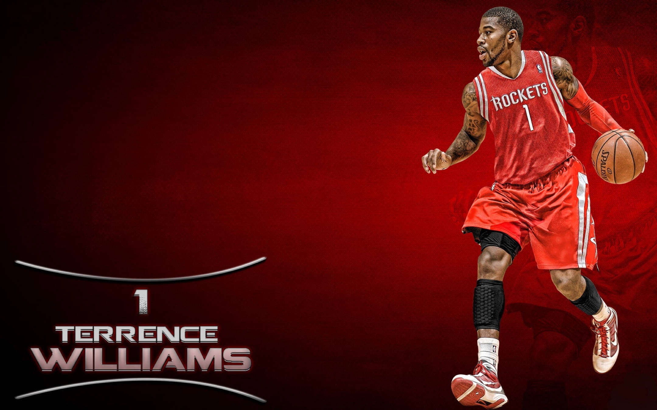 Houston Rockets 桌布 壁紙 — 泰倫斯·威廉姆斯身穿紅色火箭隊球衣，在深紅色漸變背景前運球，並顯示他的名字和號碼。