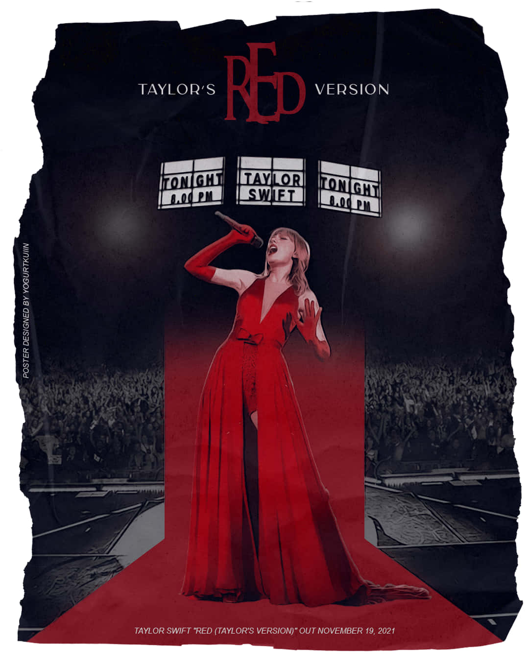 Red Taylors Version 桌布 壁紙 — 泰勒·斯威夫特身穿搶眼的紅色長裙，在戲劇性燈光下激情演唱，身後是熱情高漲的觀眾。