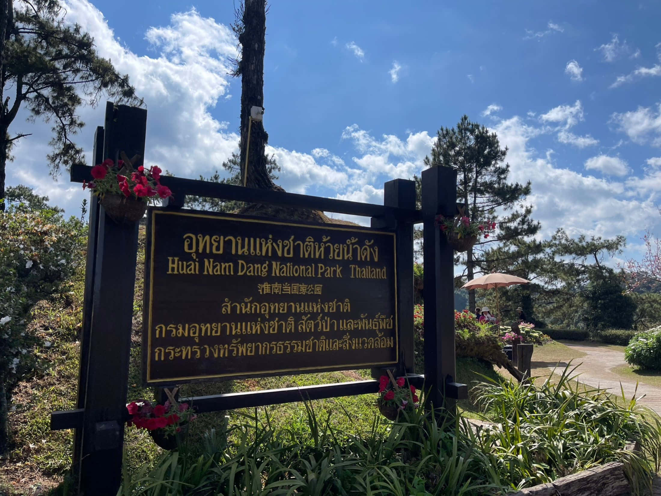 公園 桌布 壁紙 — 泰國懷南當國家公園的木製標誌牌矗立在明亮的藍天下，有蓬鬆的雲朵，周圍環繞著茂密的綠植和盛開的花朵。